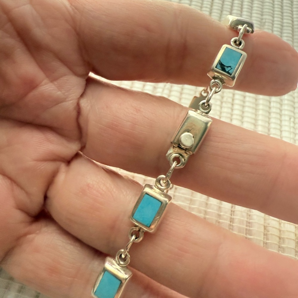 Authentic Taxco Sterling Silver & Turquoise Link Bracelet – 7.5” / 11g - Picture 7 of 8